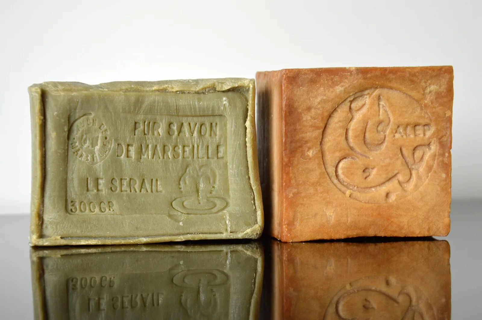 Blocks of plain Marseille and Aleppo olive oil soap