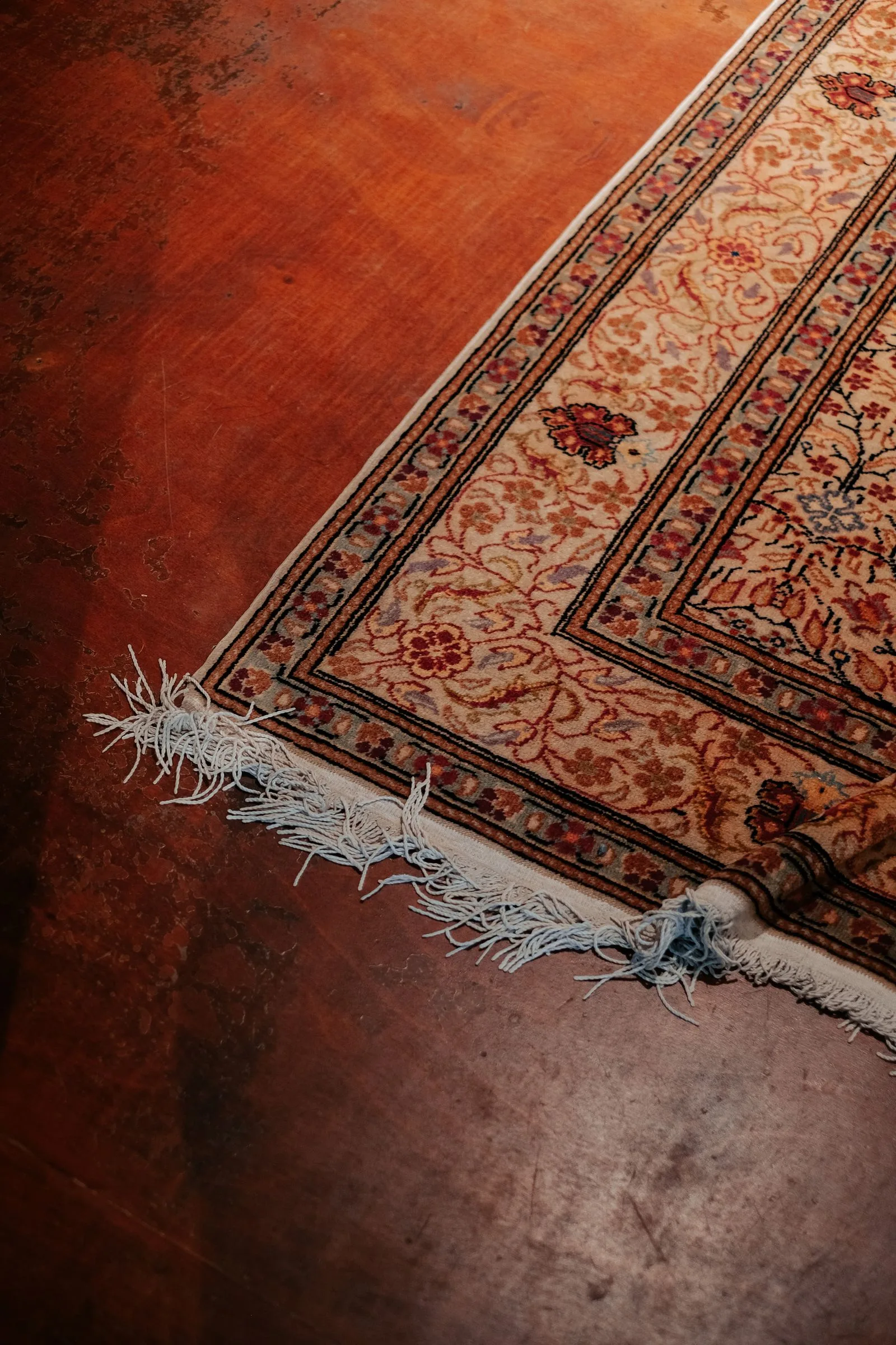 The corner of a patterned rug lying on a wooden floor