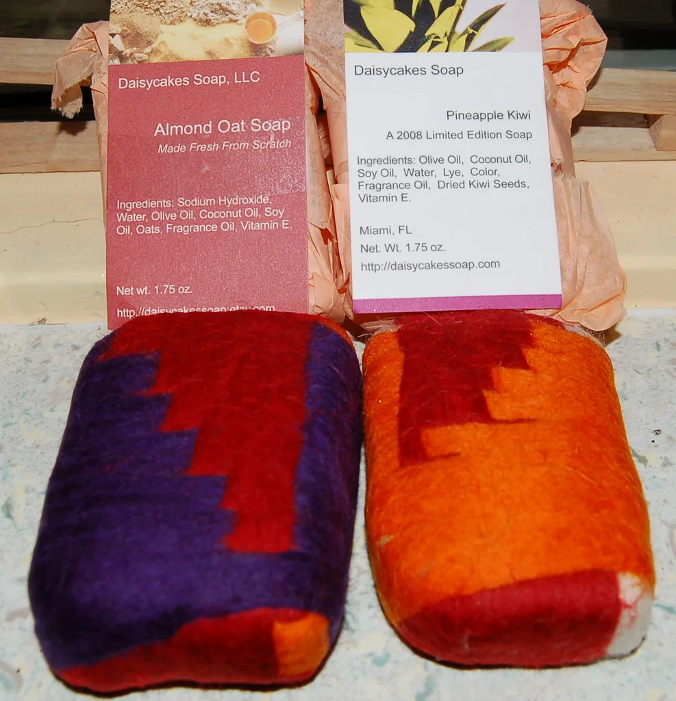Bars of felted soap wrapped in coloured wool