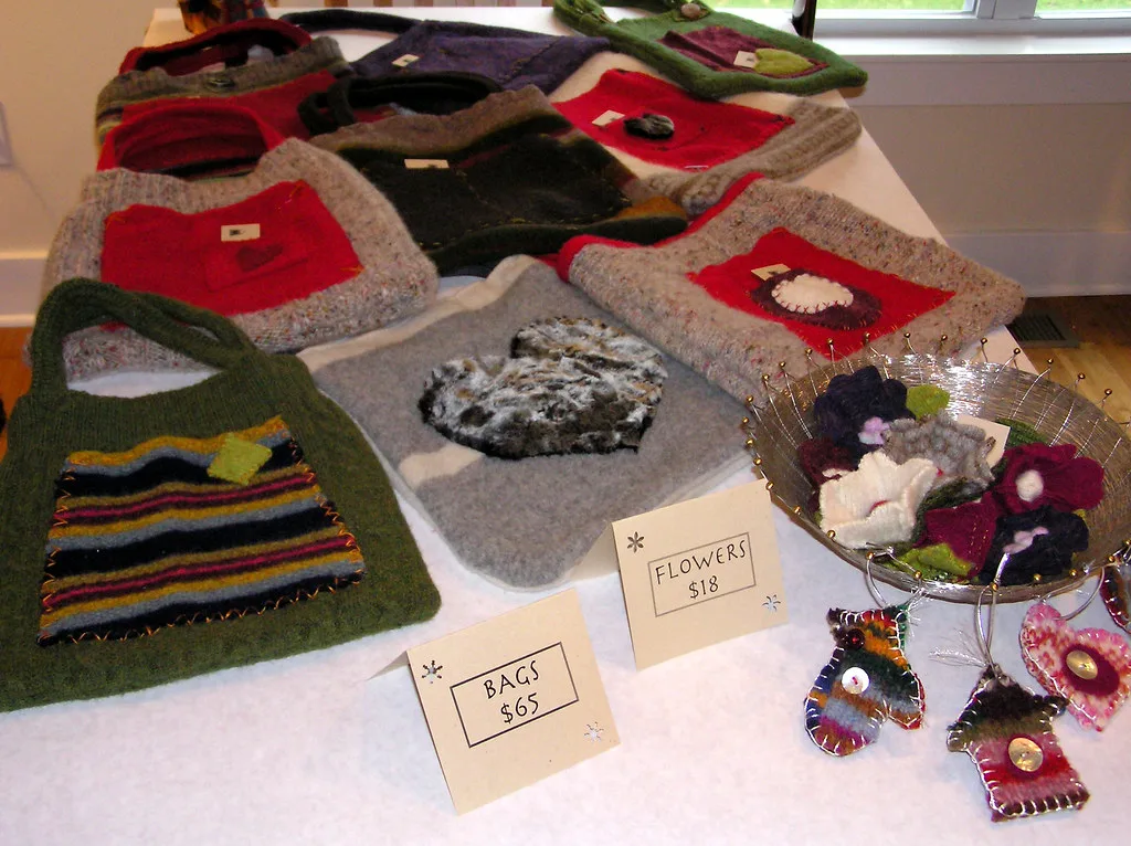 Felted bags and flowers made from wool