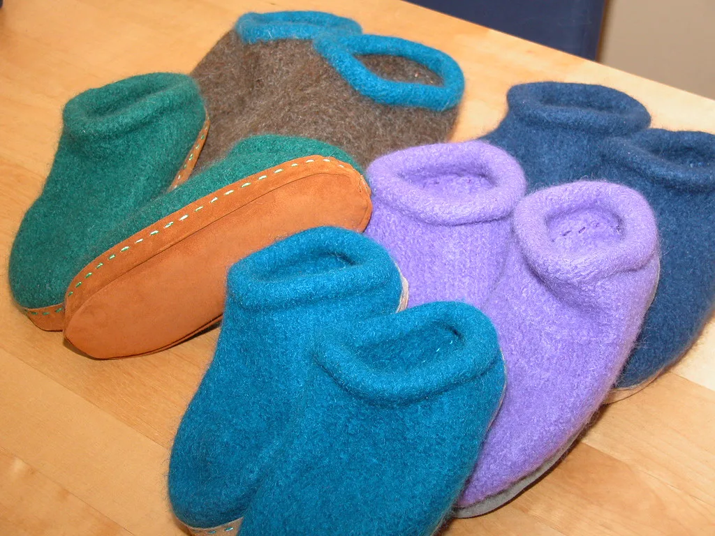 A pair of knitted slippers after felting