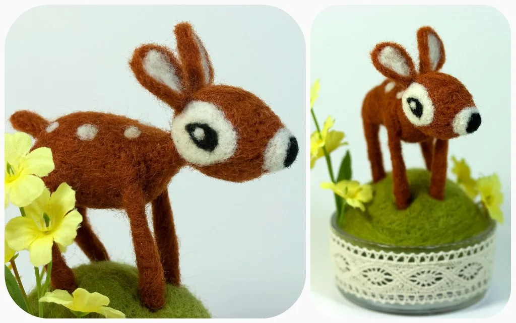 A felted animal photographed beside the stages of its making