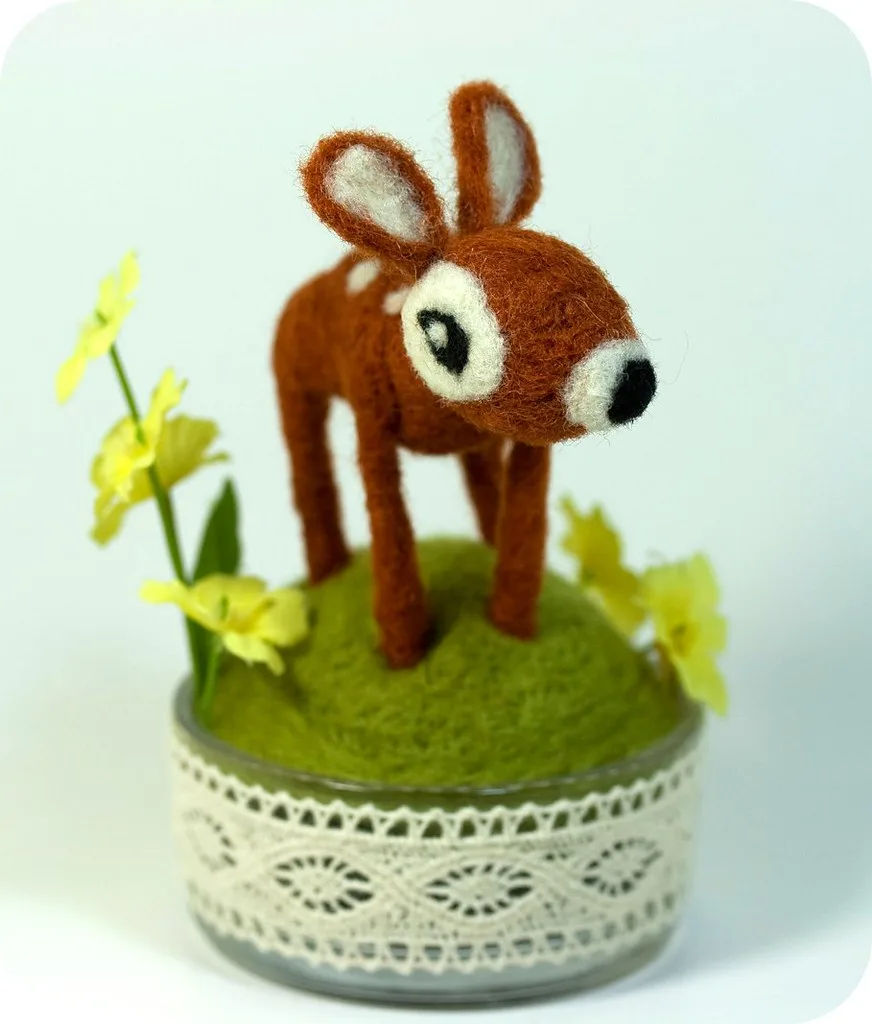 A needle felted animal head seen straight on
